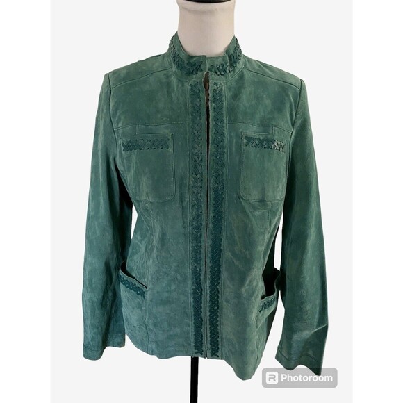 Bradley Bayou Jackets & Blazers - Women's Green Suede Jacket with Woven Trim